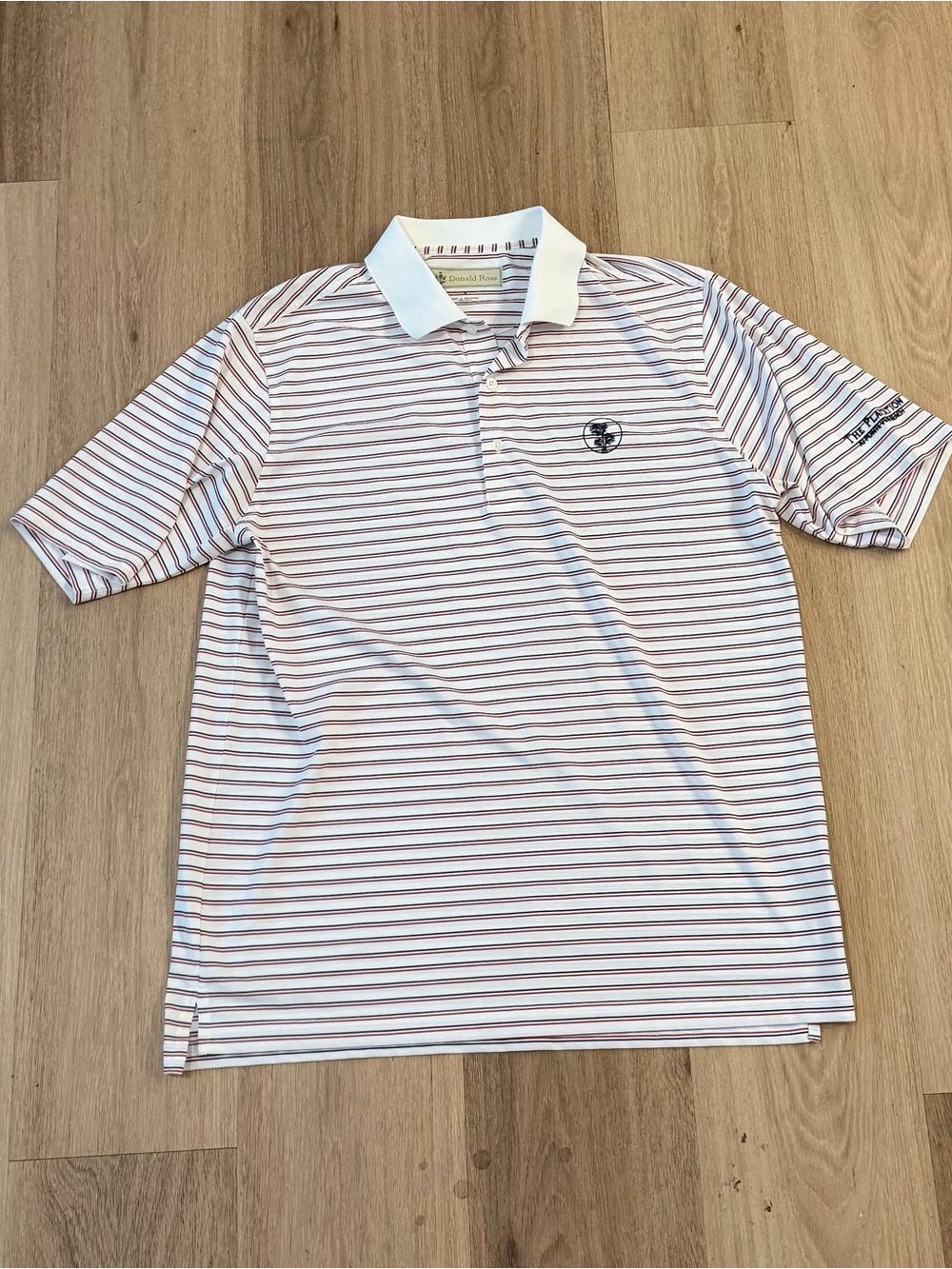 Donald Ross White Polo Golf Shirt Navy Red Striped Men’s size Medium Polyester